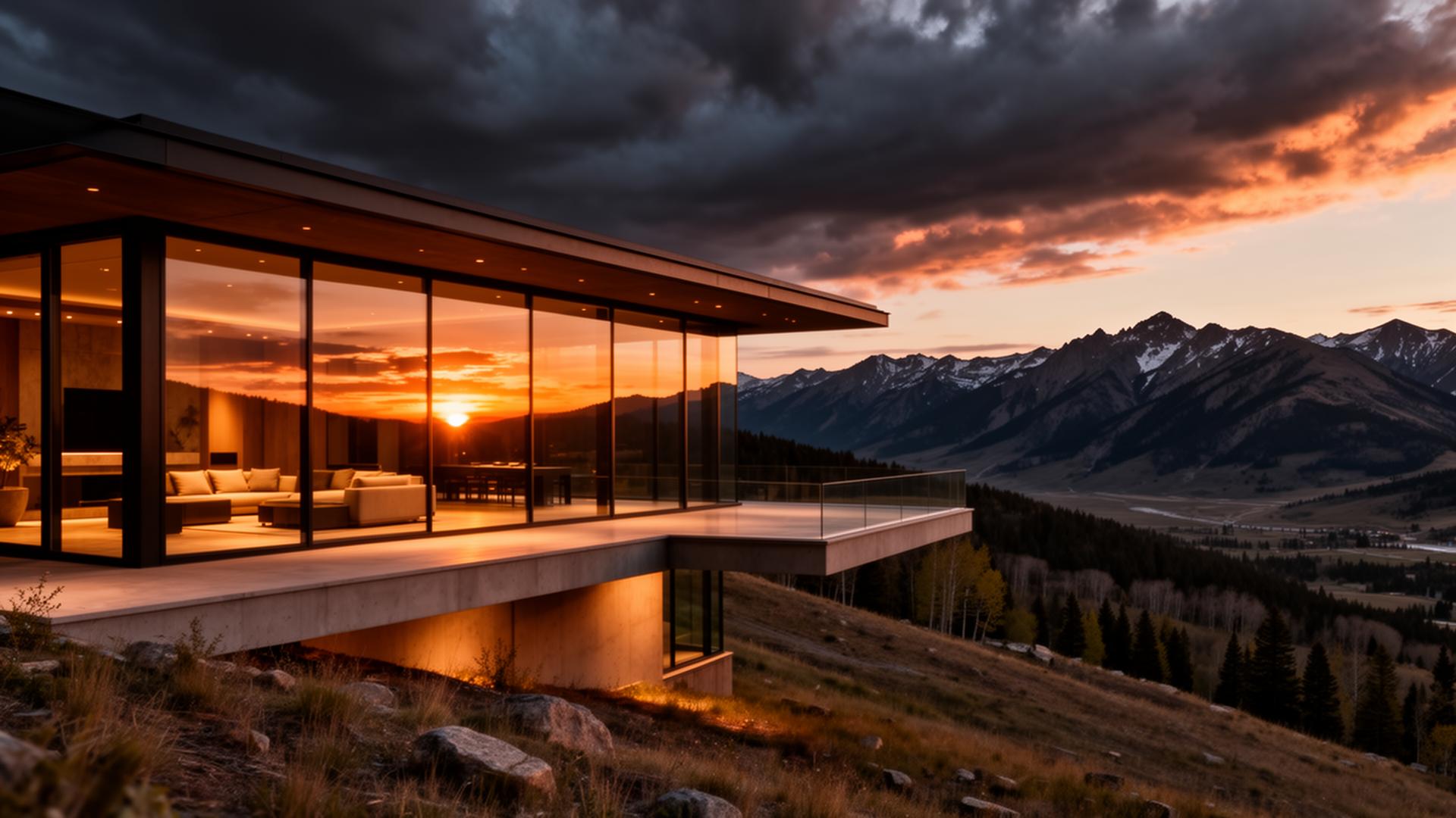 Modern mountain estate at golden hour